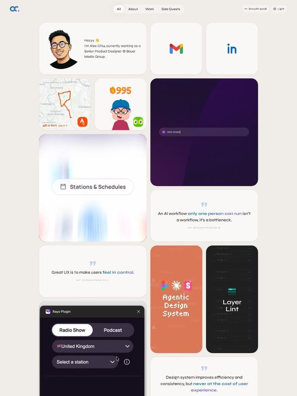 Alex Chiu's homepage: a grid of cards with his photo, intro and case studies