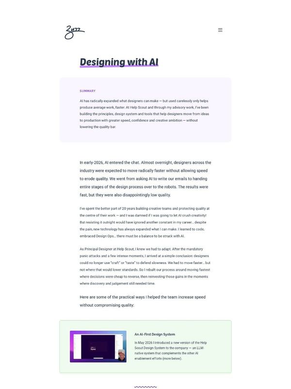 Buzz Usborne's Designing with AI case study: a summary box above the story