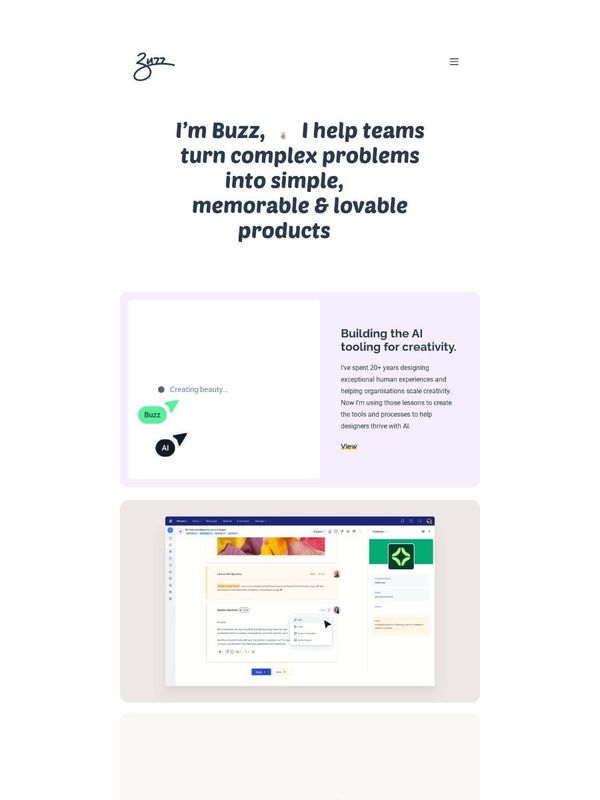 Buzz Usborne's homepage: a one-line pitch, then project cards that each have a title and a short description