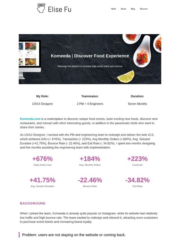 Elise Fu's Komeeda case study: her role, team and duration, then six result metrics