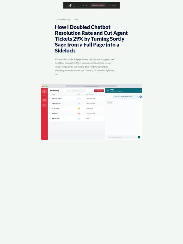 Emily Backes's Sortly Sage case study: How I Doubled Chatbot Resolution Rate and Cut Agent Tickets 29%