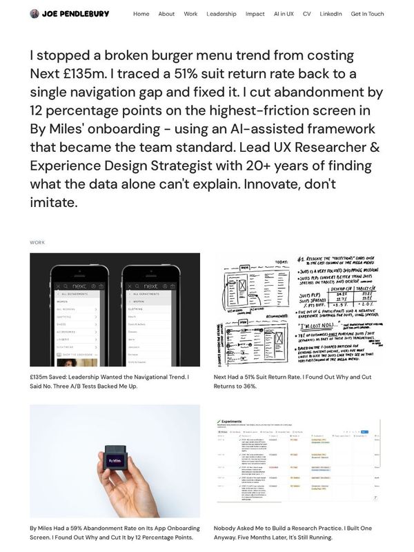 Joe Pendlebury's homepage: a large paragraph of results, starting with stopping a burger menu trend that would have cost Next £135m