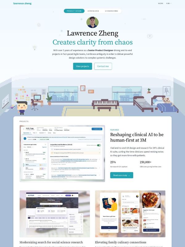 Lawrence Zheng's homepage: Creates clarity from chaos, a pixel-art office, then a featured 3M card with two stats