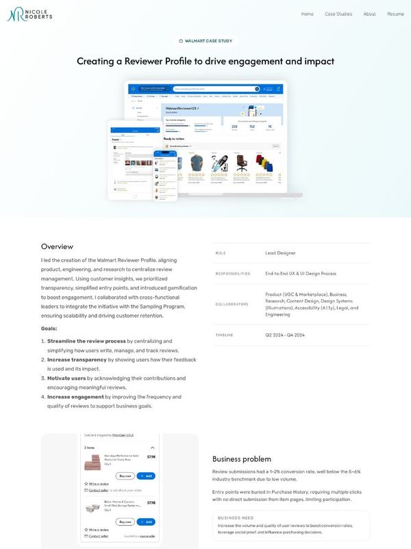 Nicole Roberts's Walmart case study: Creating a Reviewer Profile to drive engagement and impact, with role and collaborators beside the overview