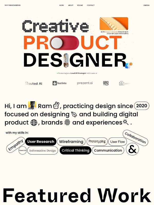 Ramachandra Swamy's homepage: Creative Product Designer in large playful type, with skill tags below