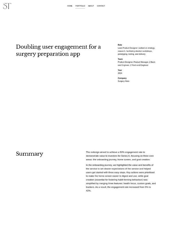 Selina Turfus's SurgeryHero case study: Doubling user engagement for a surgery preparation app, with role, team, year and company beside it