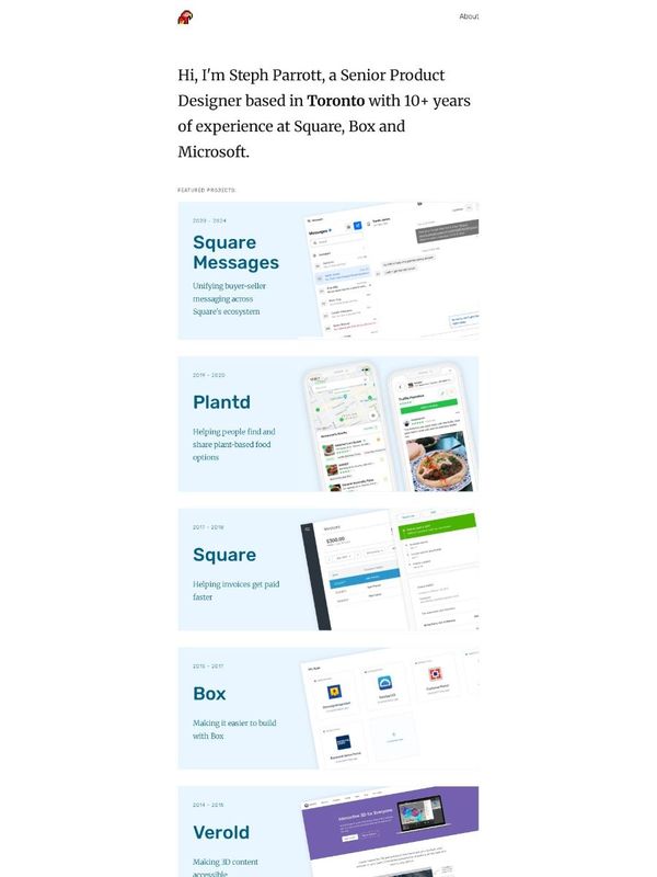 Steph Parrott's homepage: one sentence of introduction, then project cards for Square, Plantd, Box and more