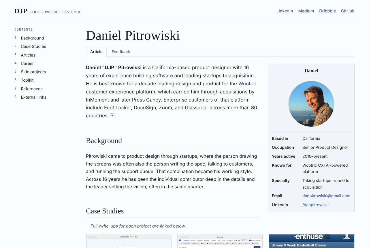 The new portfolio homepage in a Wikipedia style, with Contents, a lead paragraph, and an infobox