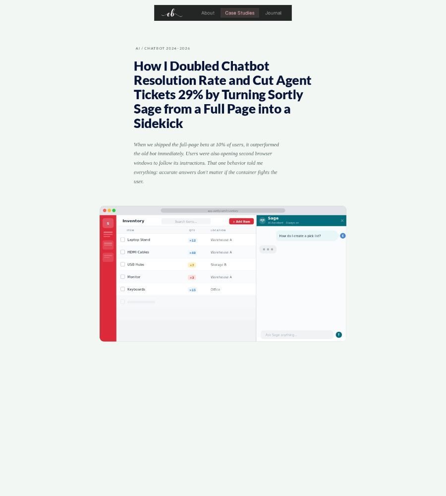 Emily Backes's Sortly Sage case study: the title reads How I Doubled Chatbot Resolution Rate and Cut Agent Tickets 29%