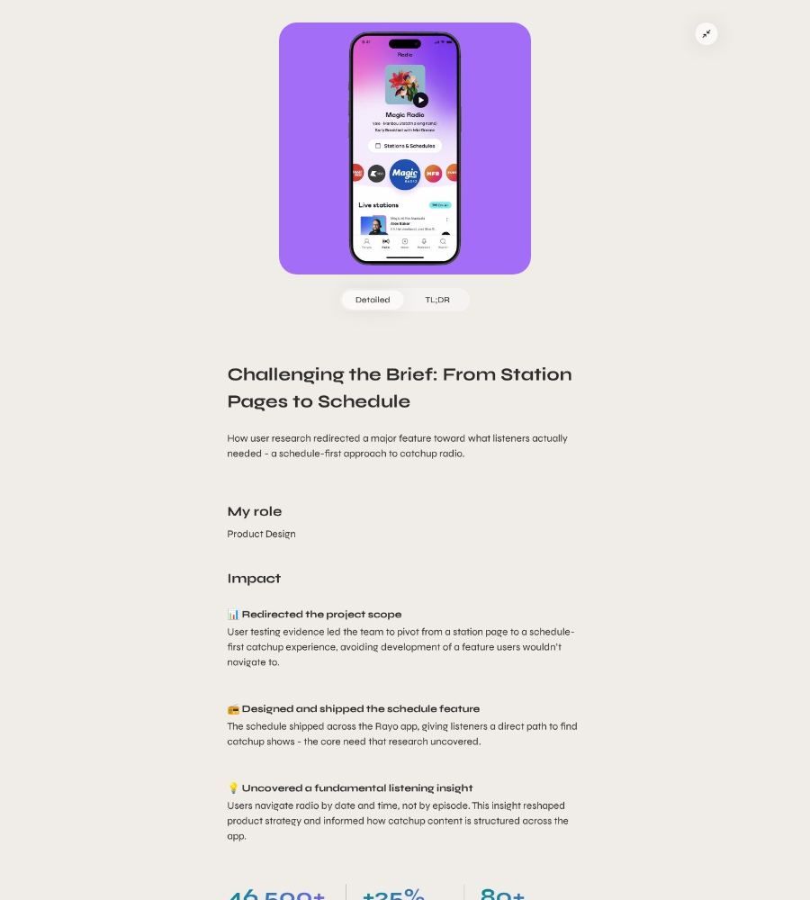 Alex Chiu's Rayo case study: titled Challenging the Brief: From Station Pages to Schedule, with the impact listed near the top