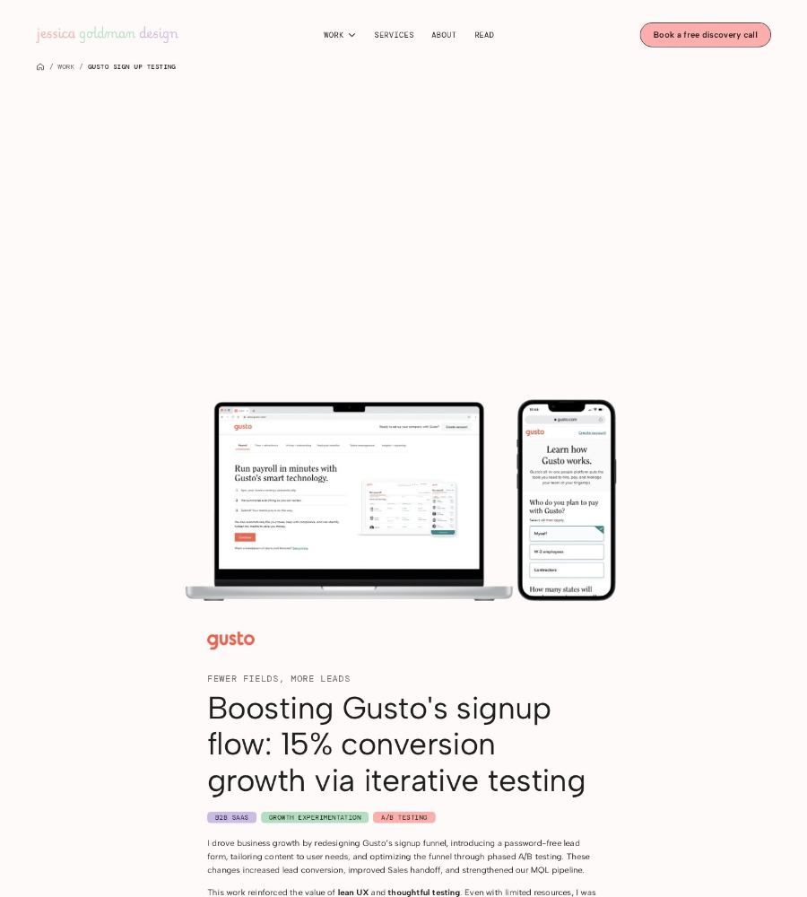 Jessica Goldman's Gusto case study: laptop and phone mockups of the Gusto signup flow