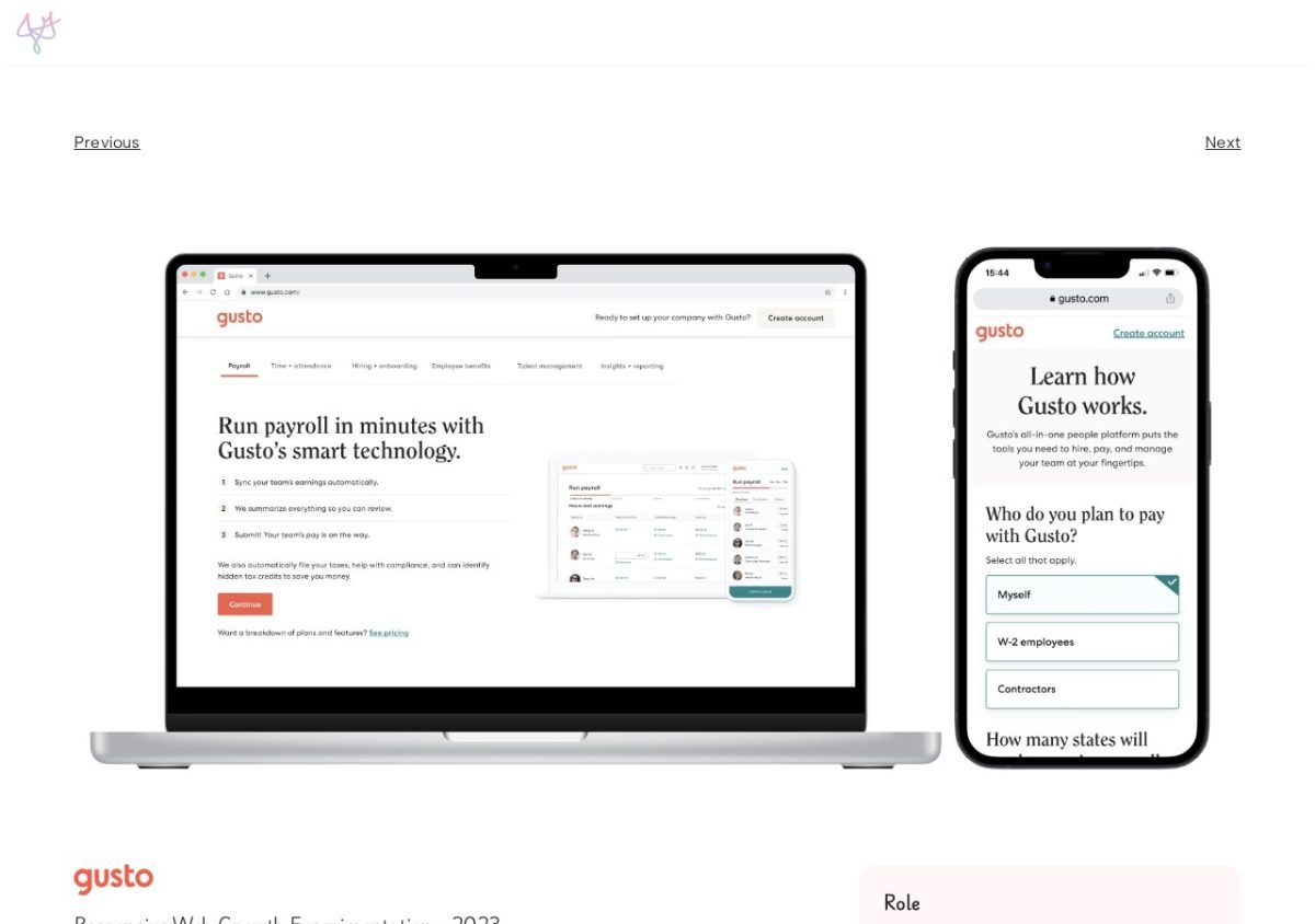 Jessica Goldman's Gusto case study: laptop and phone mockups of the Gusto signup flow