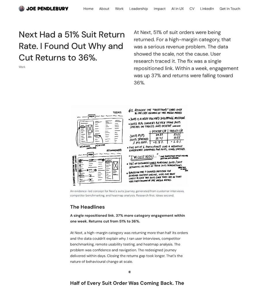 Joe Pendlebury's Next returns case study: a photo of hand-drawn sketches and notes just below the title