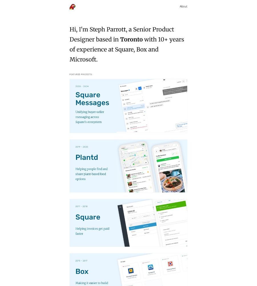 Steph Parrott's homepage: one sentence of introduction, then large cards for Square and Plantd