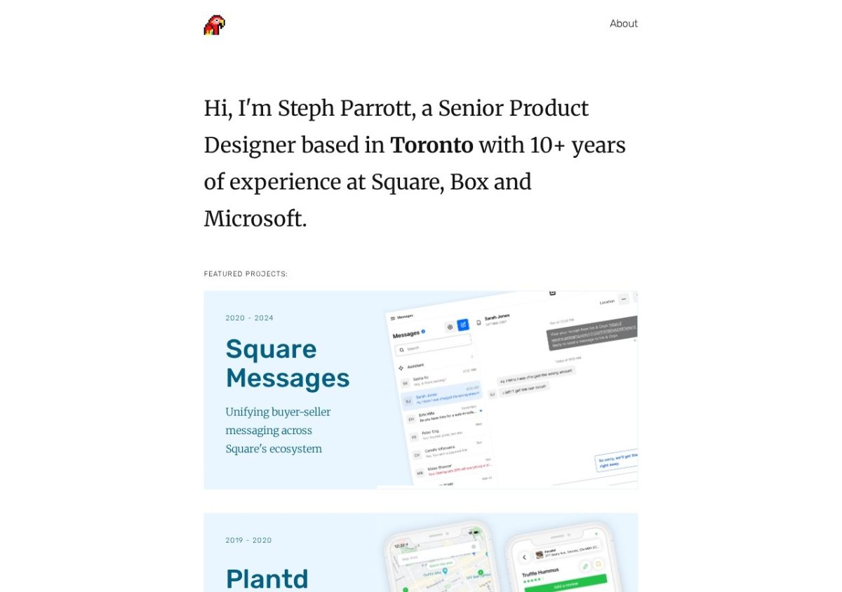 Steph Parrott's homepage: one sentence of introduction, then large cards for Square and Plantd