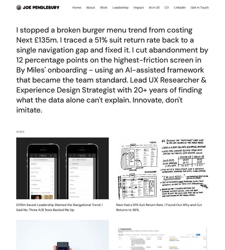 Joe Pendlebury's homepage: a large paragraph of results, starting with stopping a burger menu trend that would have cost Next £135m