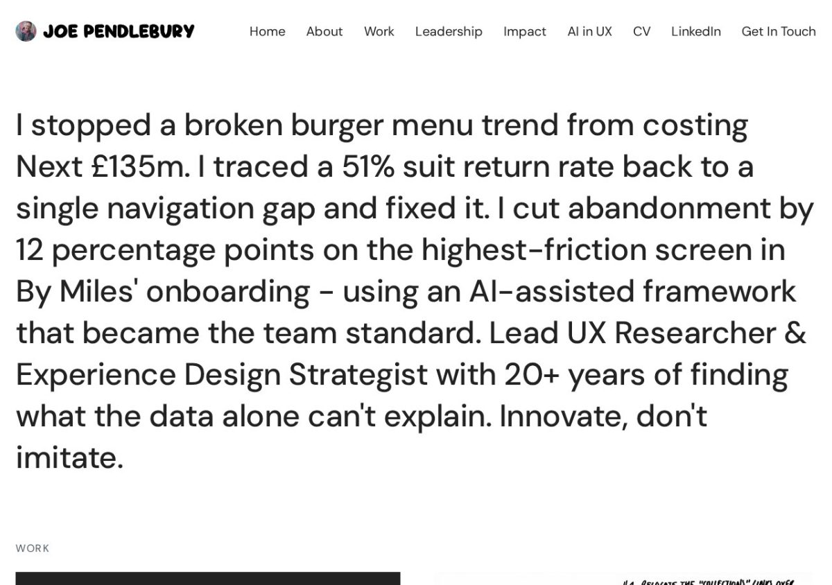 Joe Pendlebury's homepage: a large paragraph of results, starting with stopping a burger menu trend that would have cost Next £135m