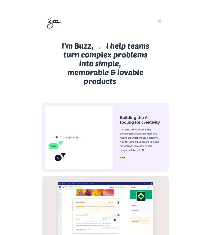 Buzz Usborne's homepage: a one-line pitch, then project cards that each have a title and a short description