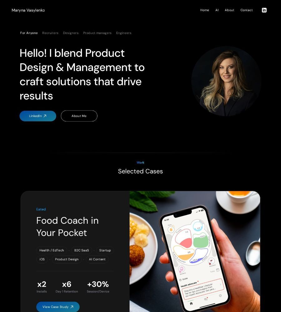 Maryna Vasylenko's homepage: a dark hero with tabs for recruiters, designers, product managers and engineers