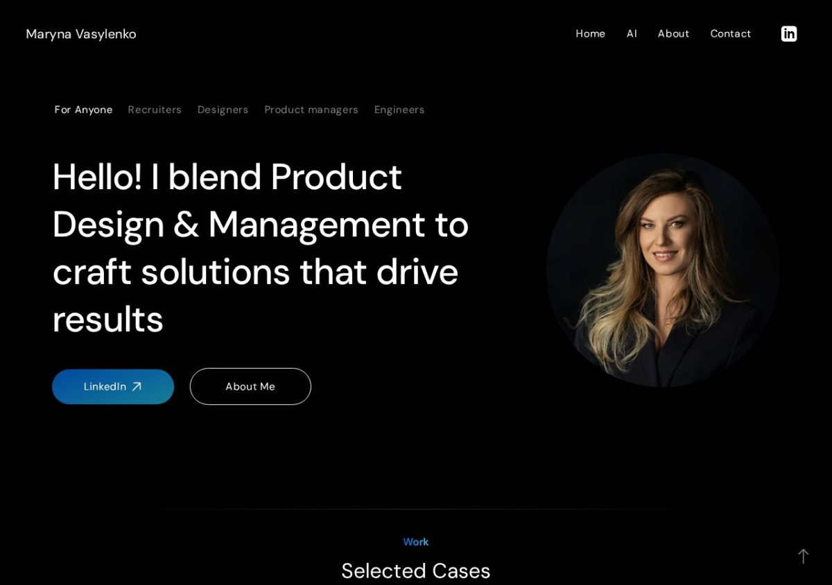 Maryna Vasylenko's homepage: a dark hero with tabs for recruiters, designers, product managers and engineers