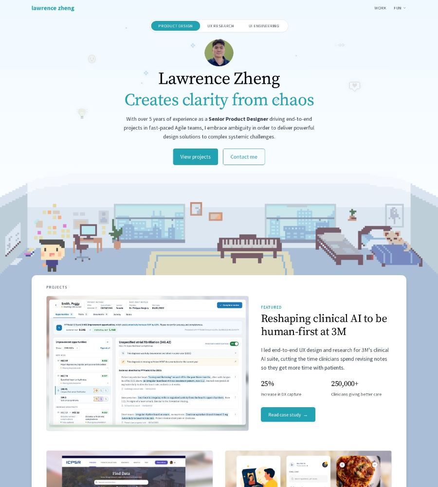 Lawrence Zheng's homepage: a featured card titled Reshaping clinical AI to be human-first at 3M, with a short summary and two stats