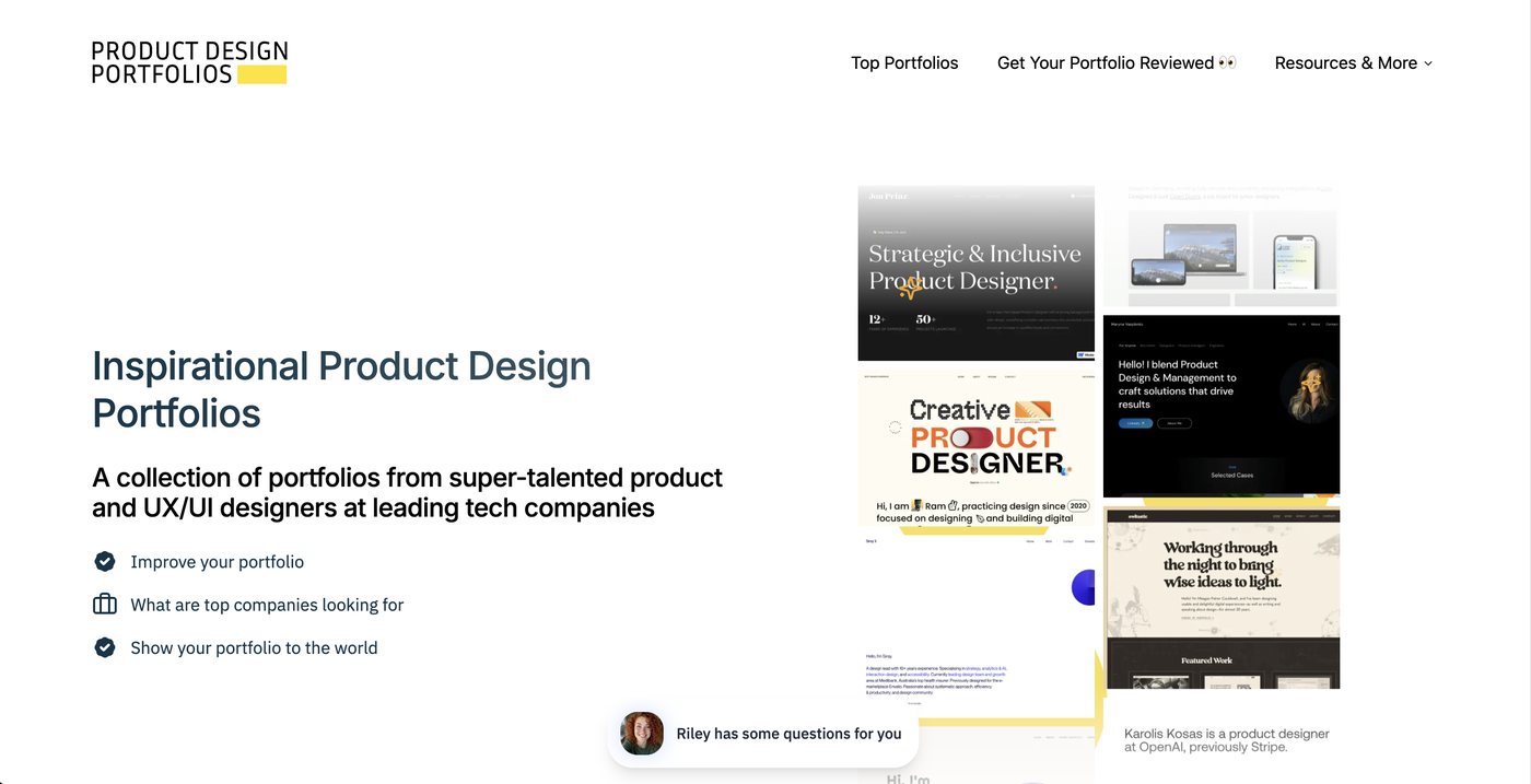The Product Design Portfolios homepage: Inspirational Product Design Portfolios, a collection of portfolios from product and UX/UI designers at leading tech companies, beside a collage of portfolio screenshots