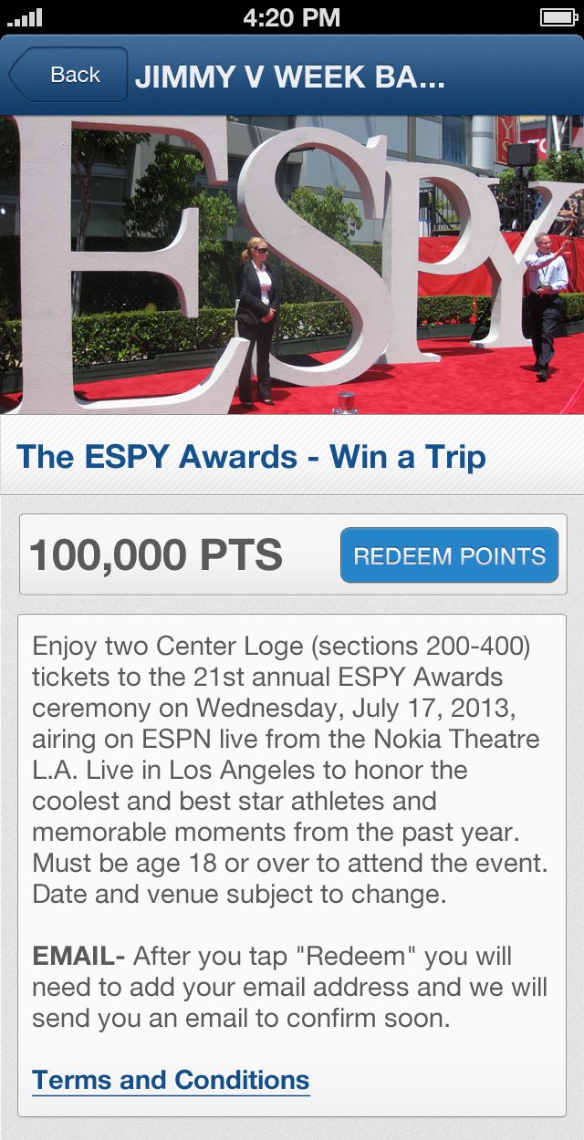 ESPY Awards reward screen in the app, 100,000 points