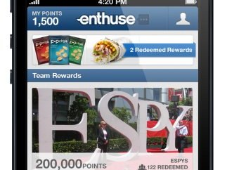 The Enthuse app on an iPhone, showing a 200,000-point reward for a trip to the ESPYs