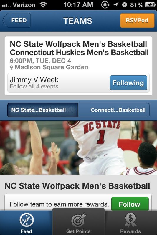 Team page showing an upcoming game and a Follow button