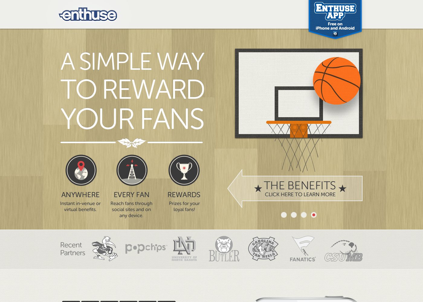 Enthuse homepage for teams: A simple way to reward your fans, with the download banner in the corner