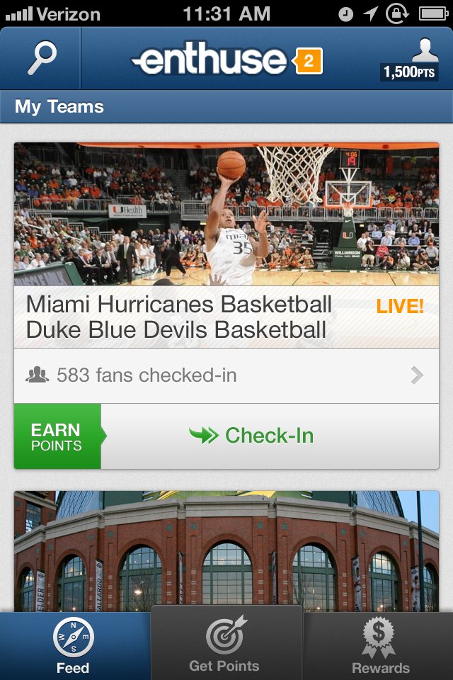 Explore feed with live games, fans checked in, and check-in buttons