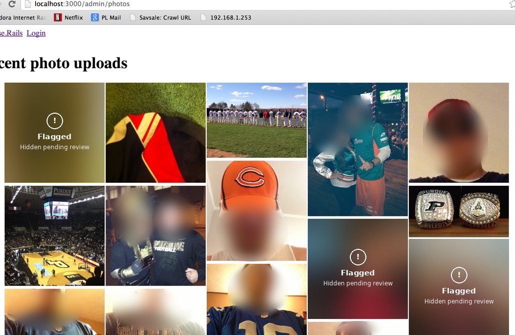 An internal page showing recent fan photo uploads in a Pinterest-style grid, with faces blurred and three flagged photos hidden