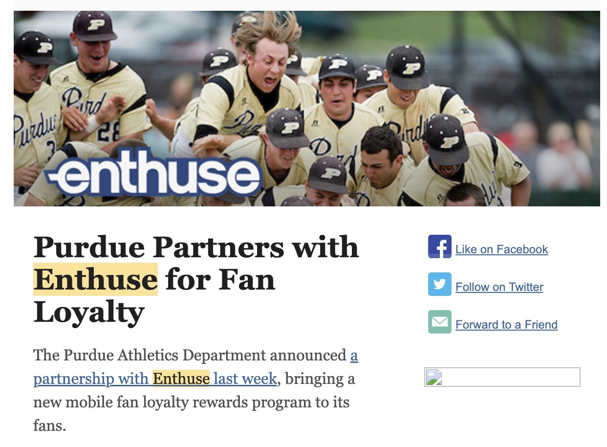 Email announcement: Purdue partners with Enthuse for fan loyalty