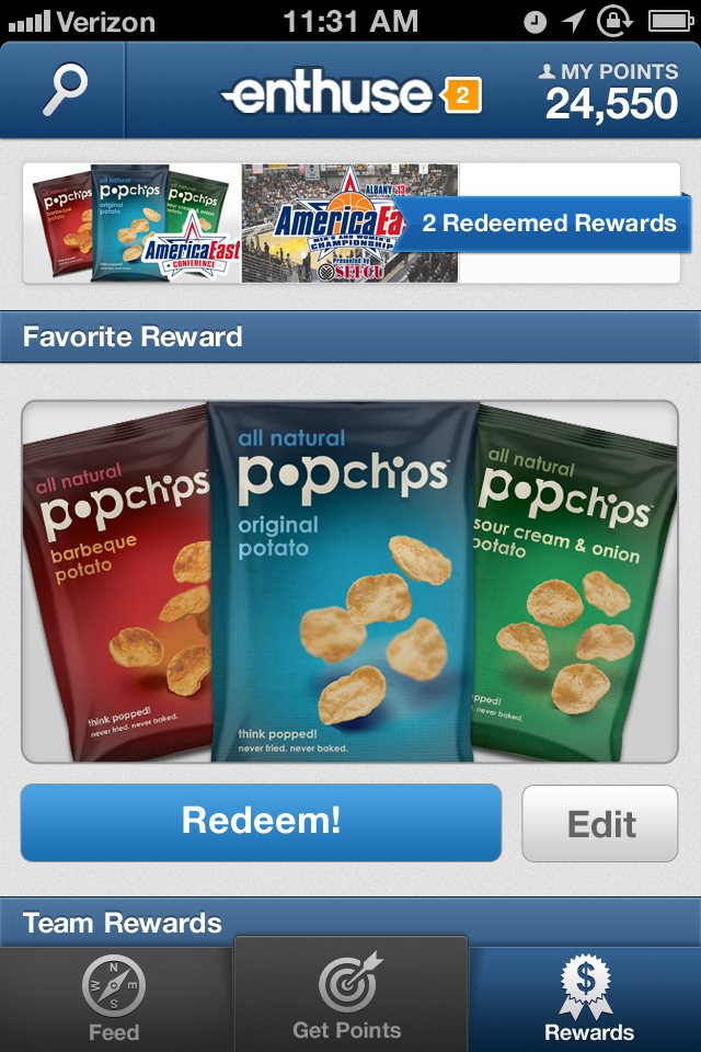 Rewards screen with a favorite reward, Popchips, and Redeem and Edit buttons