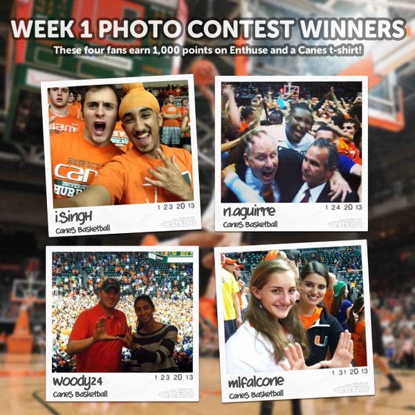 Week 1 photo contest winners graphic for the University of Miami with four fan photos