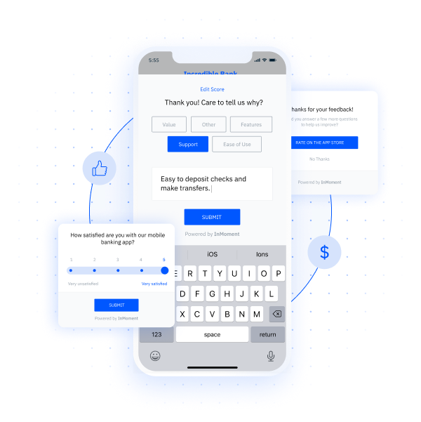 A branded mobile banking survey with follow-up questions shown across several screens