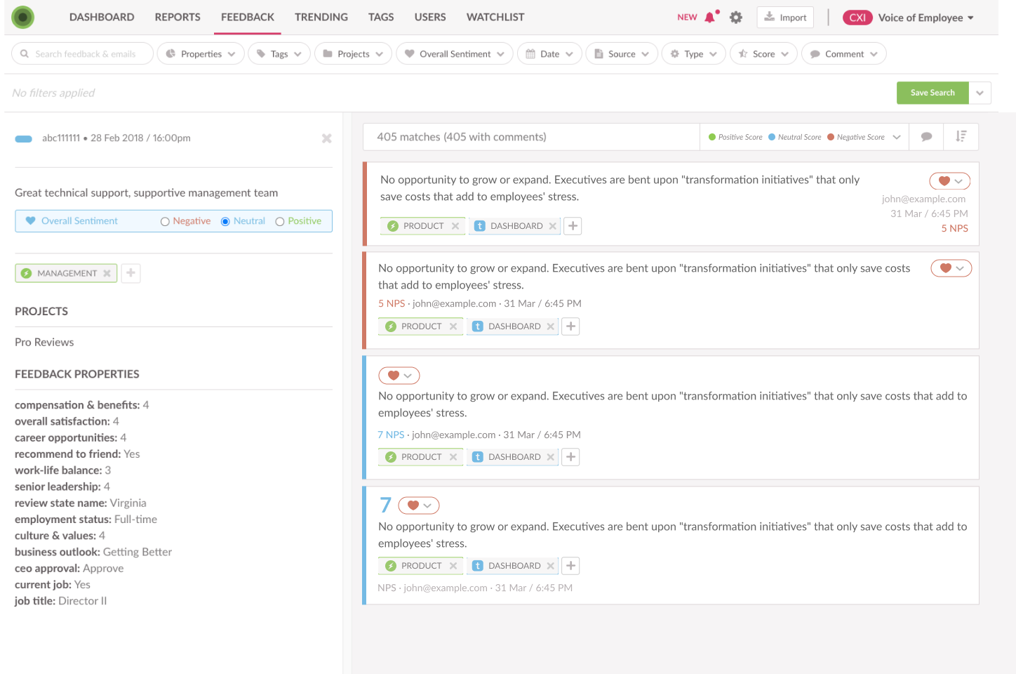A Voice of Employee project with one response open, showing its sentiment, tags, and feedback properties